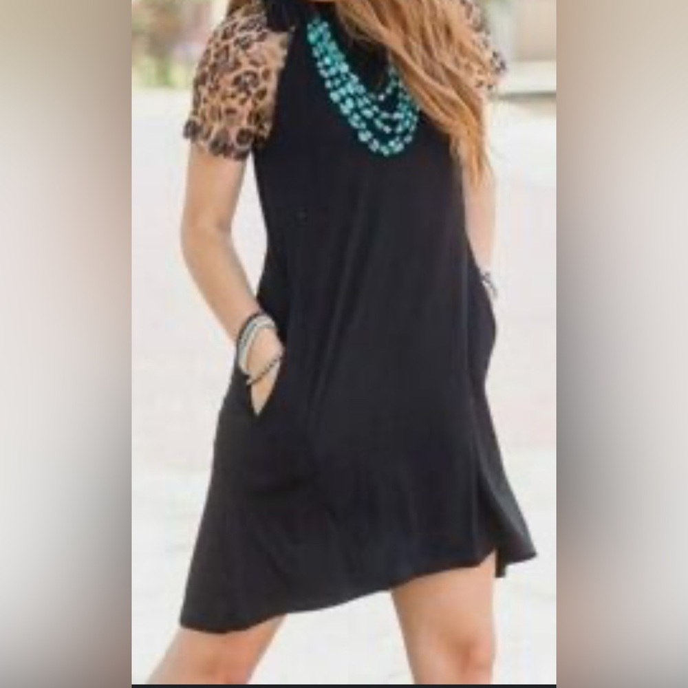 Crazy Train Black Dress with Leopard Print Sleeves - Picture 1 of 2